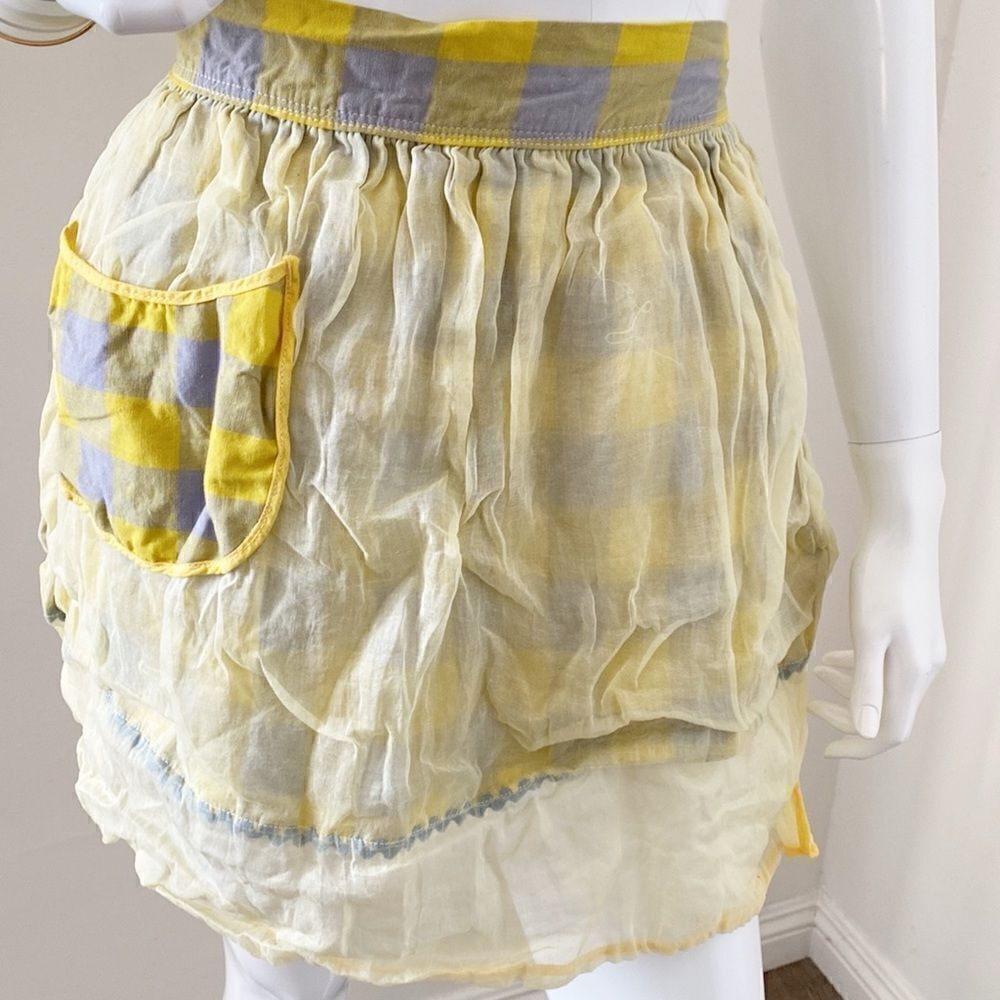 Vintage Apron w Yellow & Blue Plaid & Sheer Layered Fabric & Side Pocket Detail